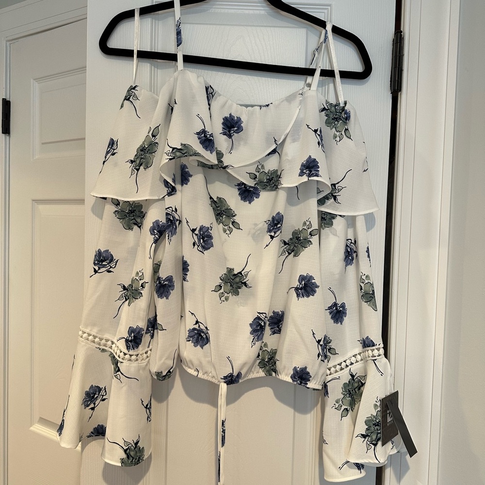 Iz Byer Floral Ruffle Blouse - White and Blue